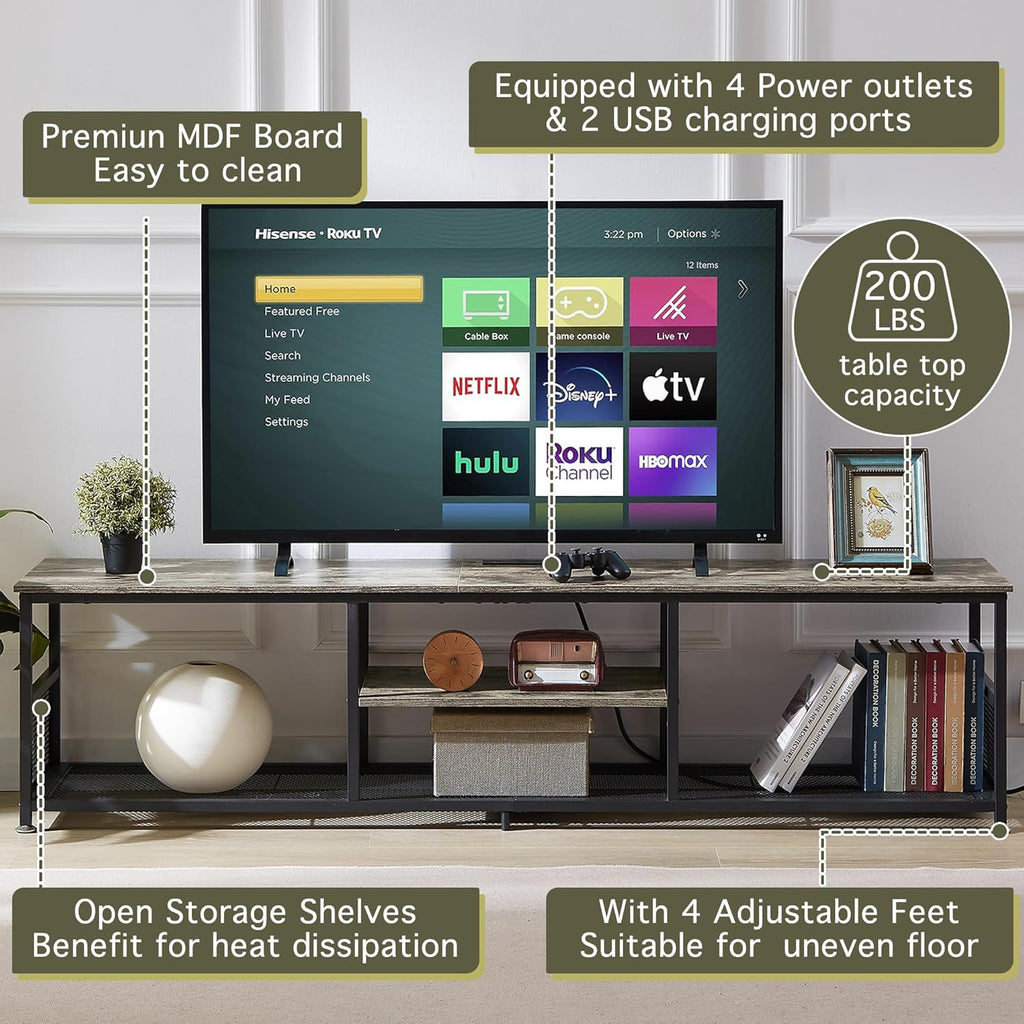VECELO TV Stand with Power Outlets for Televisions up to 80Inch, 70' Media Entertainment Center with Charging Station 3-Tier Open Storage Shelves with Metal Frame for Living Room/Bedroom，Grey