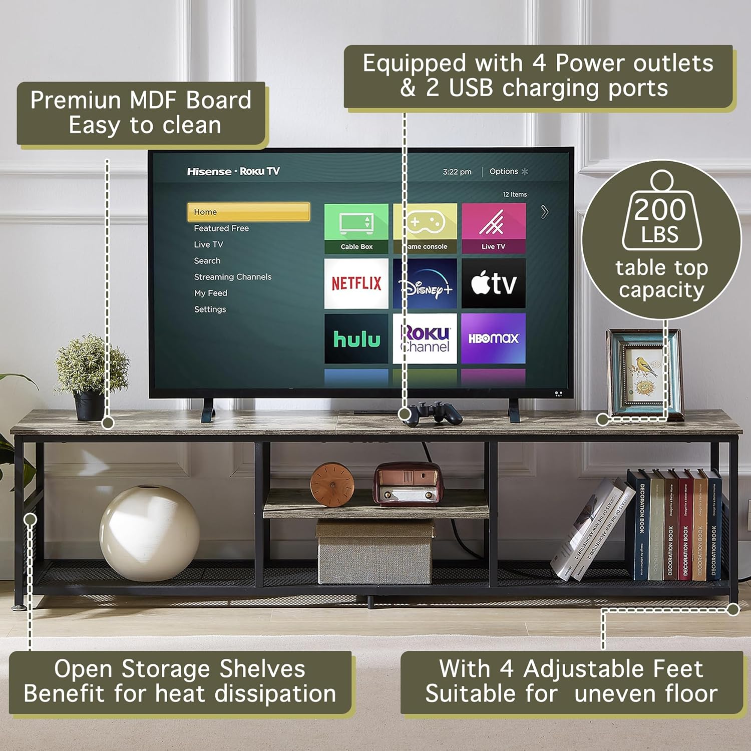 VECELO TV Stand with Power Outlets for Televisions up to 80Inch, 70' Media Entertainment Center with Charging Station 3-Tier Open Storage Shelves with Metal Frame for Living Room/Bedroom，Grey