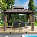 Kozyard Caesar 10'x12' Hardtop Gazebo - Permanent Metal Pavilion with Netting and Shaded Curtains for Patio, Backyard, and Deck - Galvanized Steel Outdoor Aluminum Canopy, Double Roof Gazebo (Brown)
