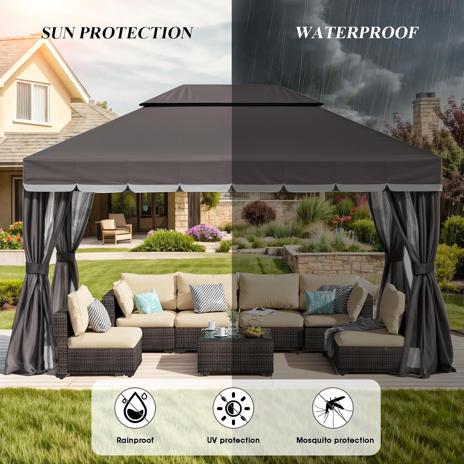 10x13 Gazebo for Patio, Outdoor Gazebo with Mosquito Netting & Curtains, Double Tier Roof Round Leg Marquee Canopy Shelter for Garden, Deck, Backyard, Lawn (D/Gry)