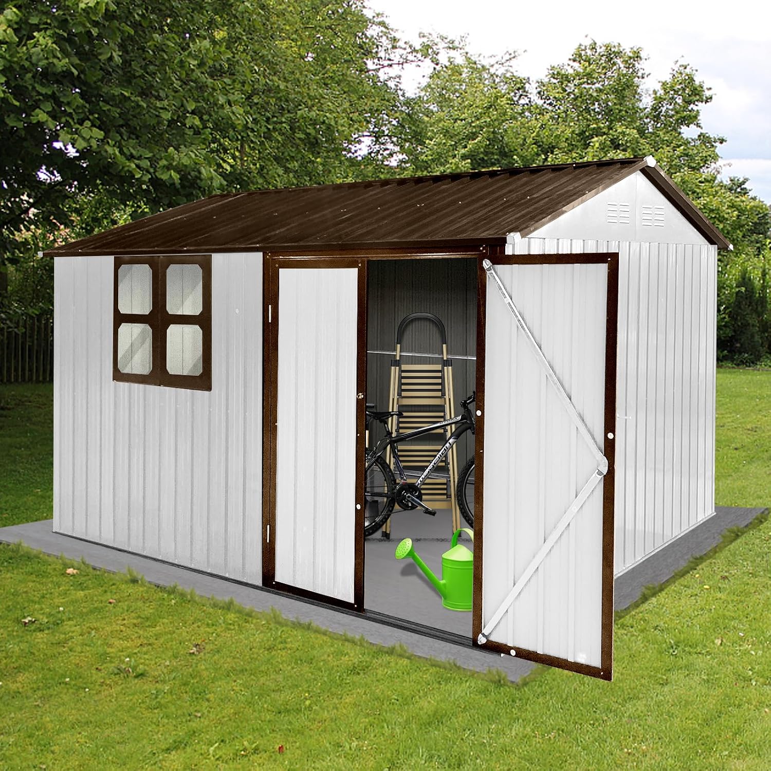 10x8 ft Outdoor Metal Storage Shed with Window, Aluminum Frame and Galvanized Steel Plate Tool Shed with Lockable Door, Air Vent, Waterproof Garden Storage House for Backyard (White)