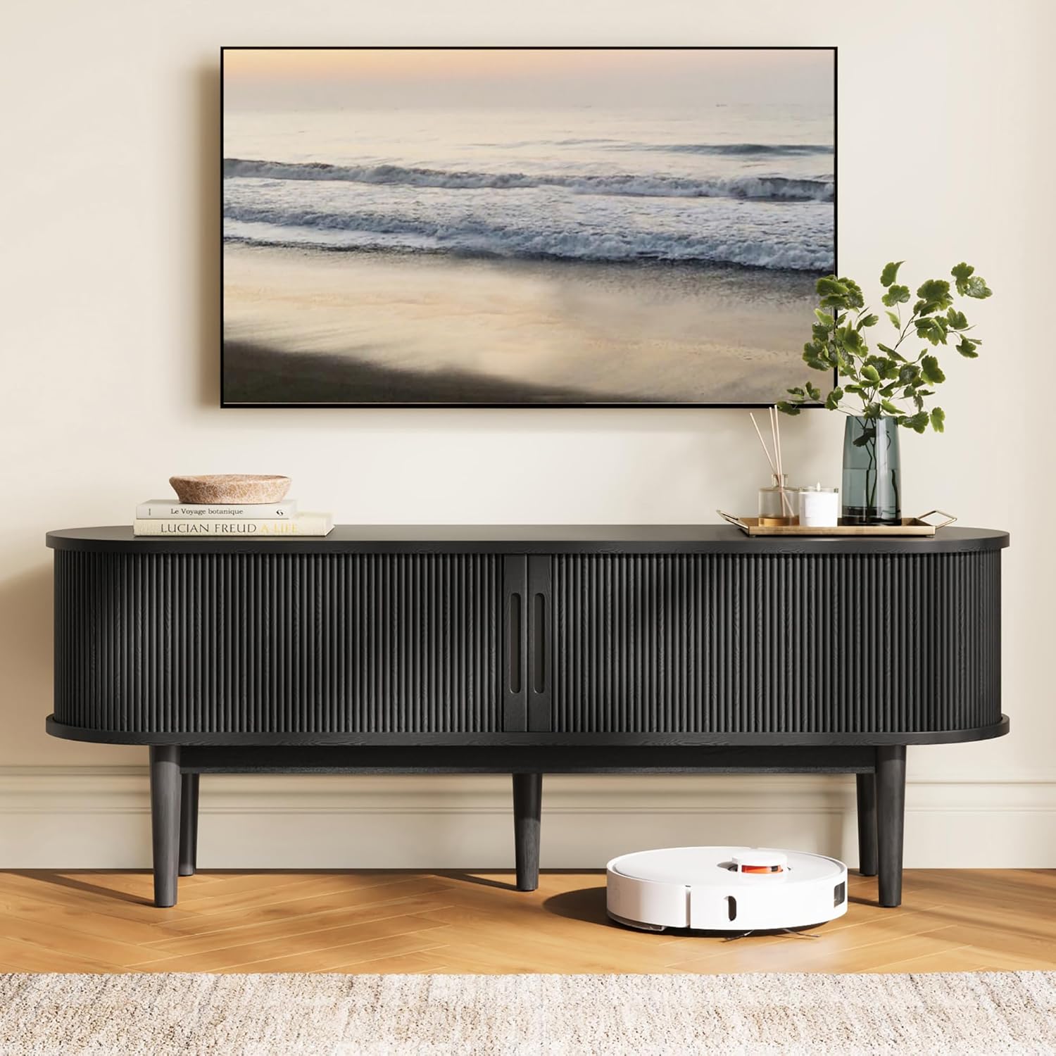 LINSY HOME Fluted TV Stand for 65' TV, Mid-Century Modern Wood Entertainment Center with Sliding Tambour Door and Storage Cabinet, Boho TV Media Console Table for Living Room, Bedroom, Black