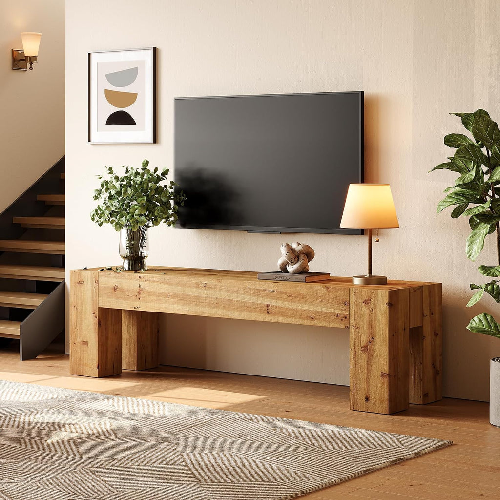 Solid Wood TV Stand, 63' Rustic Extra Long Heavy Duty Media TV Consoles Table with Sturdy Frame for Living Room Gaming Entertainment Center for TVs up to 70 Inches (Brown)