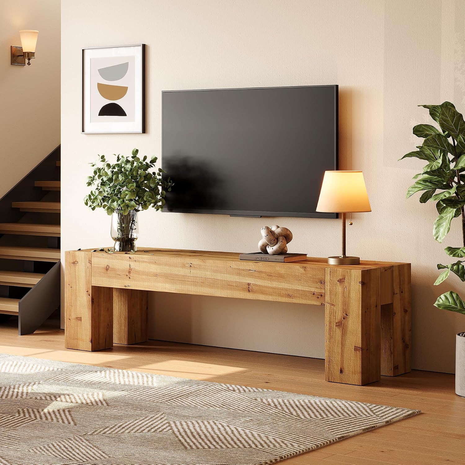 Solid Wood TV Stand, 63' Rustic Extra Long Heavy Duty Media TV Consoles Table with Sturdy Frame for Living Room Gaming Entertainment Center for TVs up to 70 Inches (Brown)