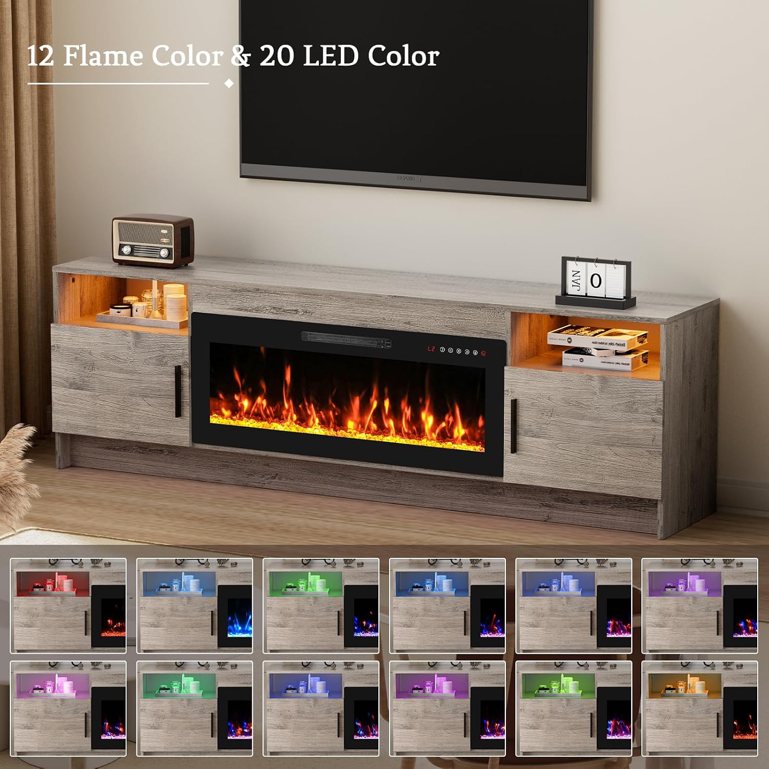 Kucreiheat Fireplace TV Stand for 65-80 inch TV, Large Entertainment Center with Fireplace & LED Lights,High Gloss Living Room Storage Cabinet, Grey, 70''(Crystal)