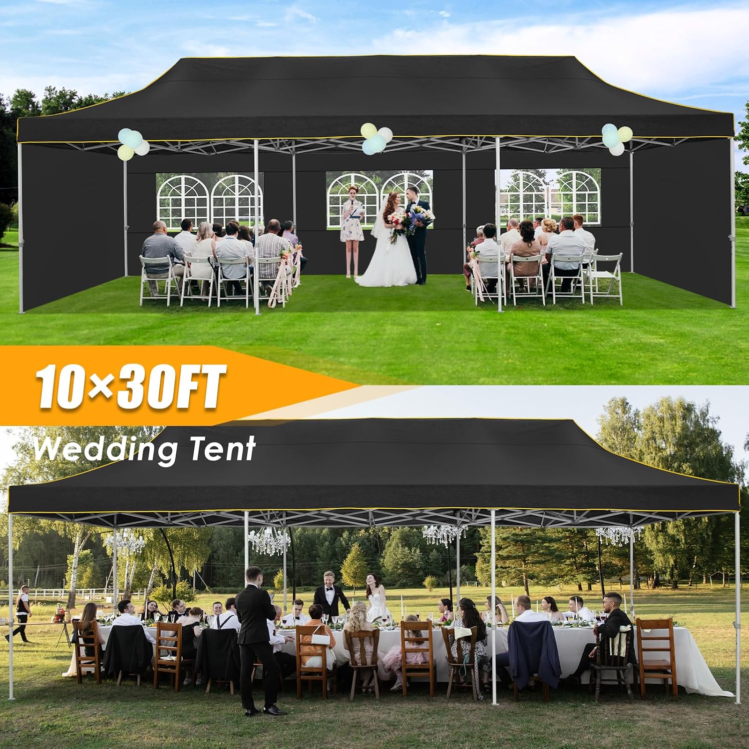 HOTEEL 10x30 Heavy Duty Pop Up Canopy Tent with 5 Sidewalls&Wheeled Bag, Commercial Event Party Tent Wedding Instant Canopy Waterproof, Upgraded Thicked Hexagonal Legs, UV 50+, Black