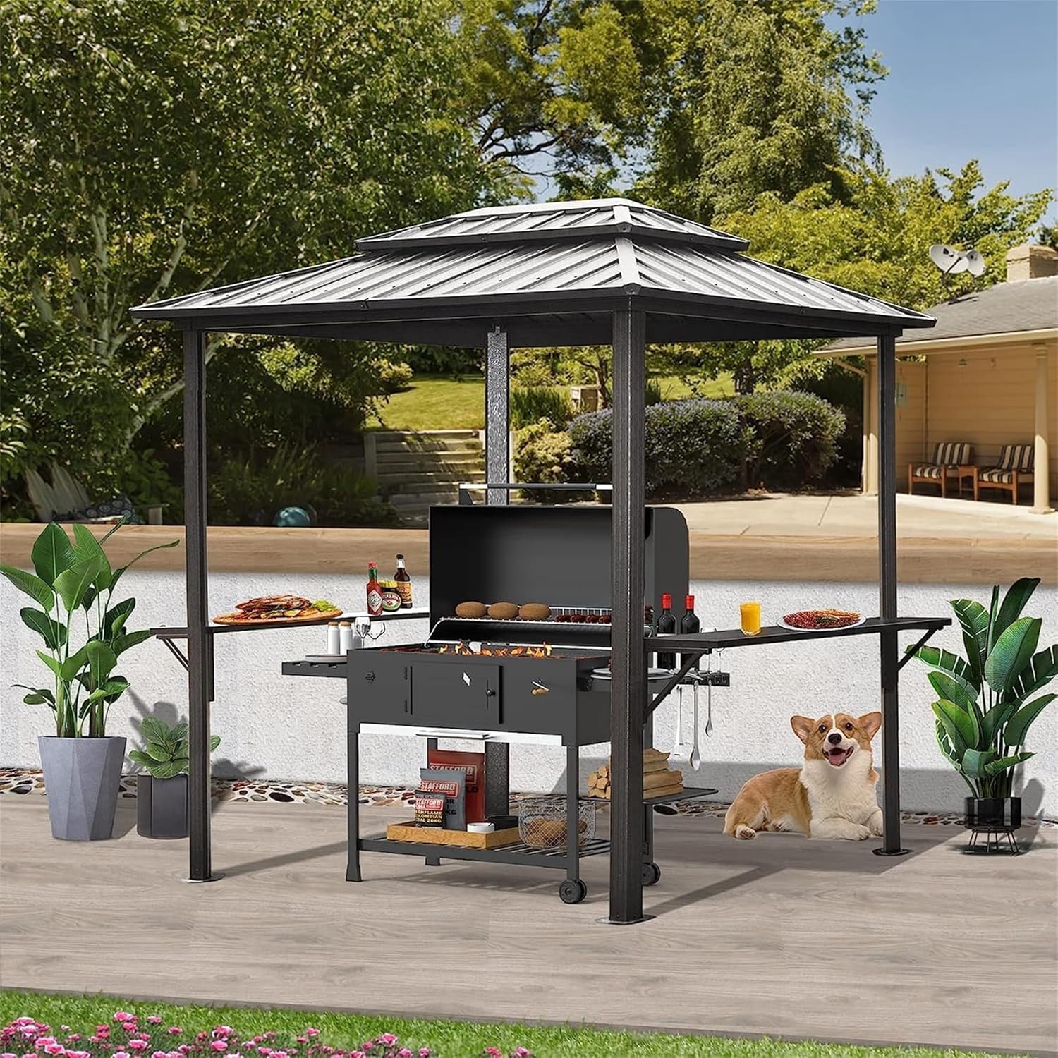 8'X6' Grill Gazebo Hardtop, Steel Grill Gazebo with Two Shelves Serving Tables, Permanent Double Roof Hard Top Gazebo, Heavy Duty Aluminum BBQ Gazebo for Patio, Deck, Backyard and Garden (Grey)