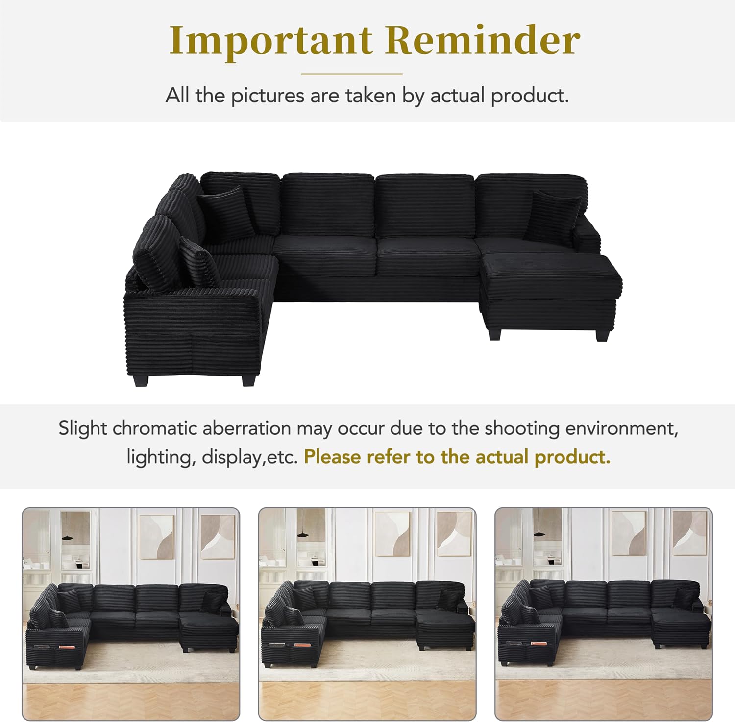 125.2' Sectional Sofa U-Shaped Upholstered Sofa L-Shaped Couch with a Movable Ottoman and Side Storage Pockets for Living Room, Black