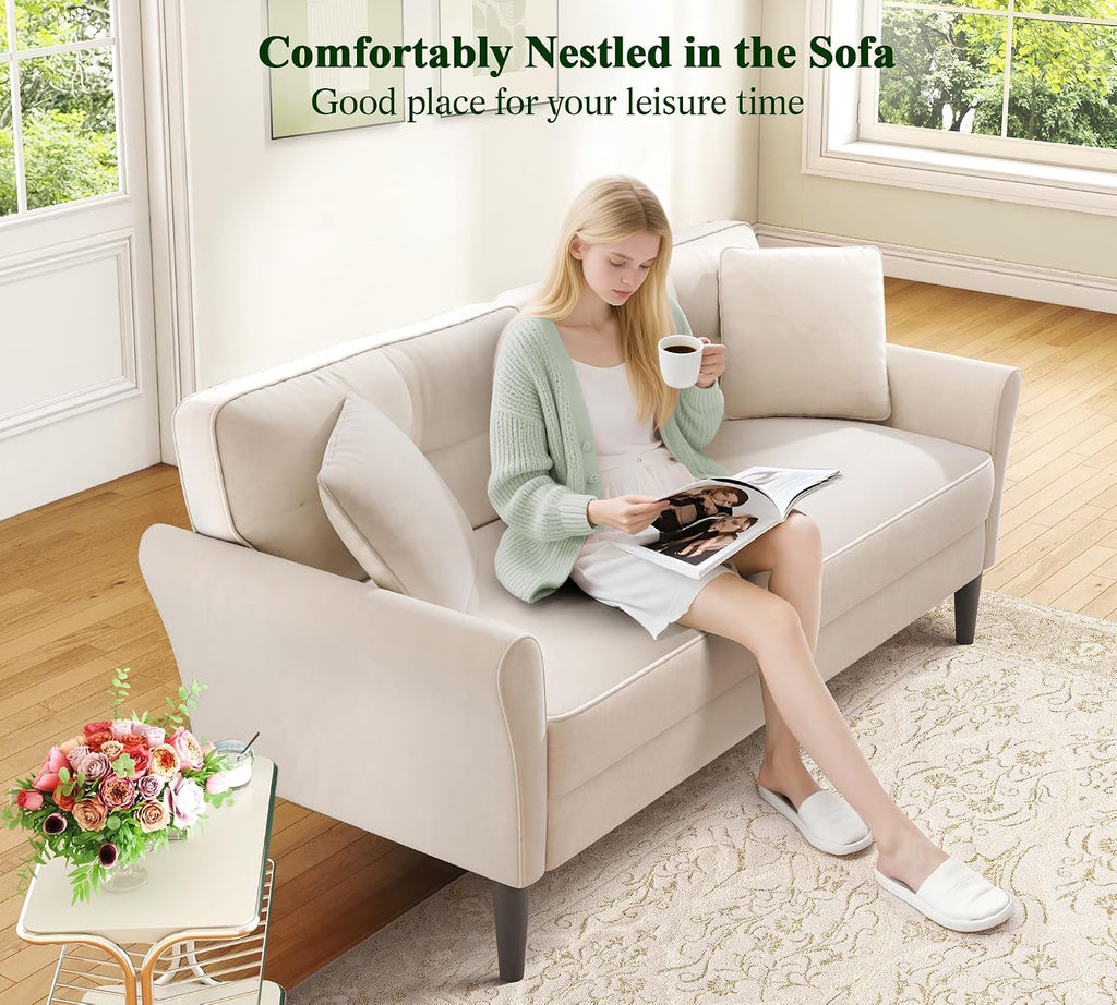 Loveseat Sofa, 69' Love Seat Couches, Comfy Velvet Small Couches for Small Spaces with 2 Pillows, Tool-Free Setup Sofas & Couches, 700lb Load Sofas for Living Room, Mini Couch for Bedroom, White Couch