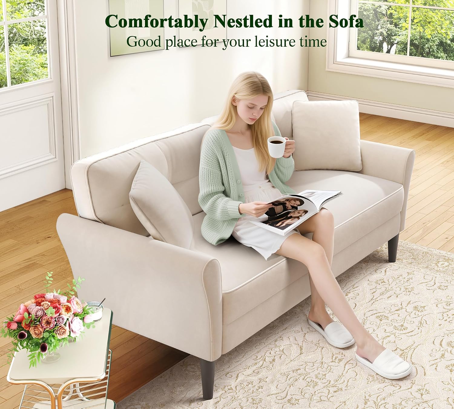 Loveseat Sofa, 69' Love Seat Couches, Comfy Velvet Small Couches for Small Spaces with 2 Pillows, Tool-Free Setup Sofas & Couches, 700lb Load Sofas for Living Room, Mini Couch for Bedroom, White Couch