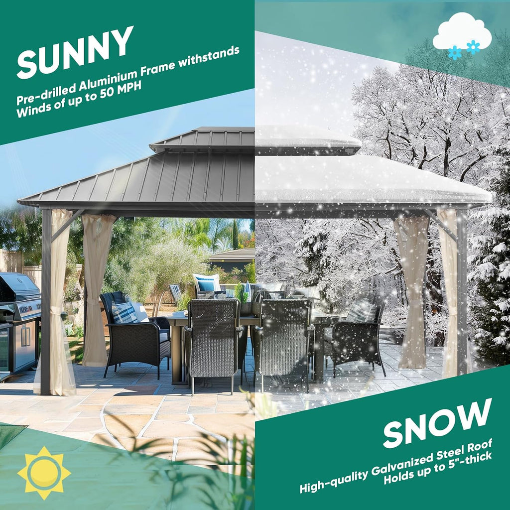 GDY 12' x 16' Hard Top Gazebo, Wood Finish Coated Aluminum Frame Gazebo with Galvanized Steel Double Roof, Metal Gazebo with Curtains and Netting for Patios, Lawns and Gardens.