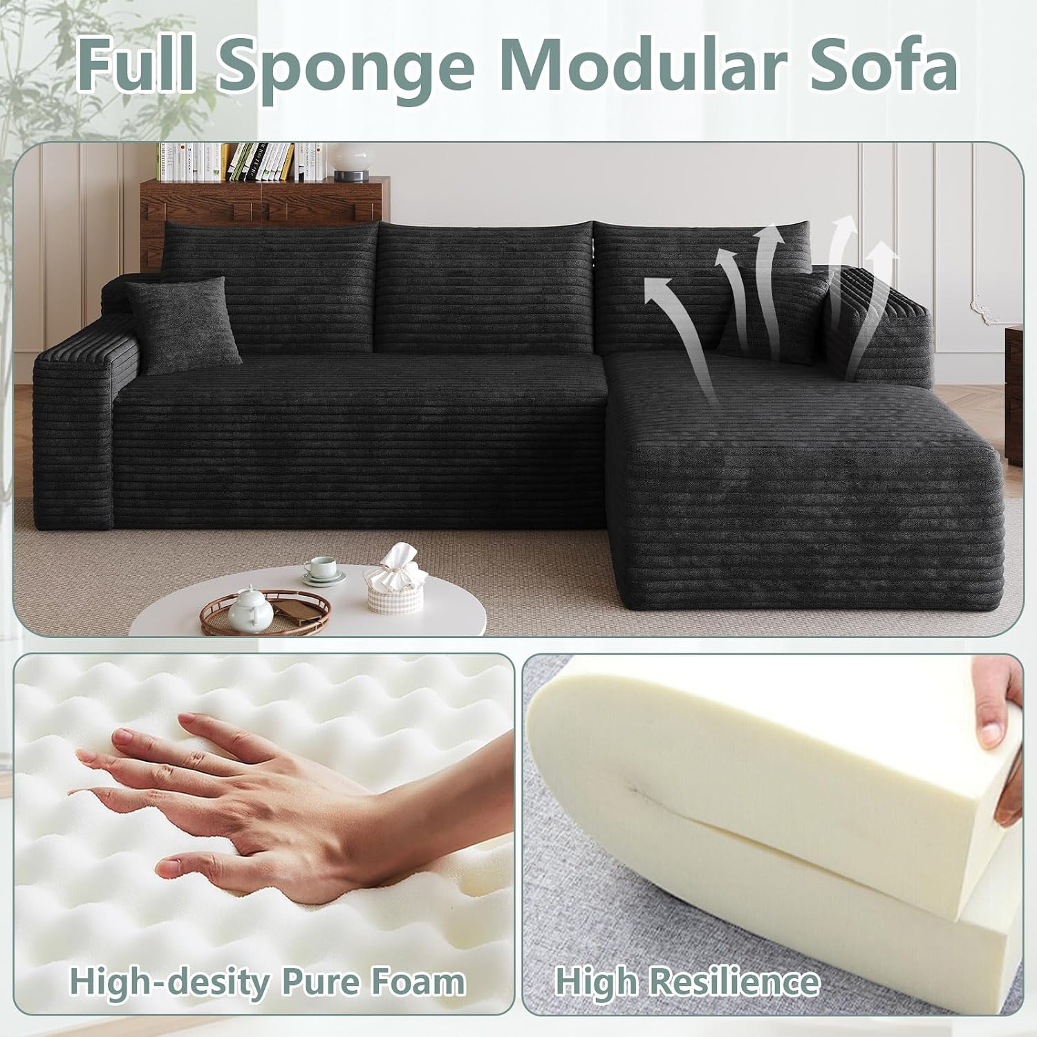 95' Modular Sectional Sofa, Modern Corduroy Cloud Couch with Side Pockets, Boneless Couch Upholstered 3-Seater L-Shaped Sofa for Living Room, No Assembly Required (Black,Right-Facing Chaise)
