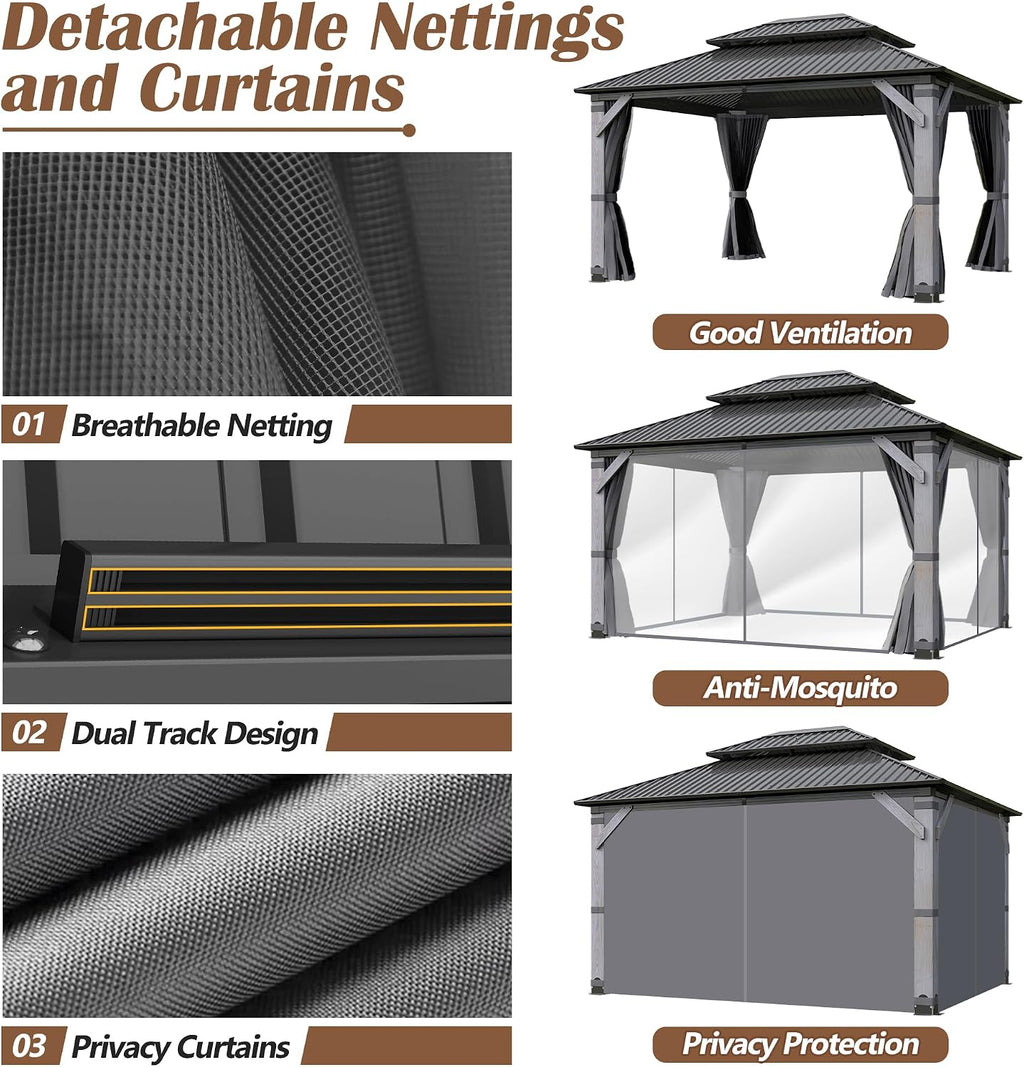 12' x 14' Wood Gazebo, Outdoor Hardtop Gazebo with Wood Posts and Galvanized Steel Doule Roof, Wooden Frame Gazebos with Netting and Curtains for Patio, Backyard, Deck Garden