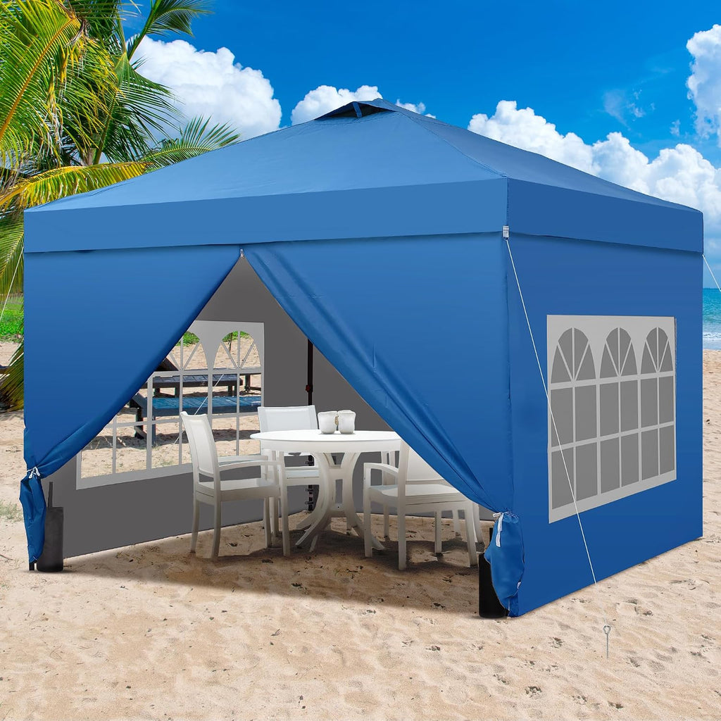GDY 10x10 Pop Up Canopy Tent with 4 Sidewalls, Easy Set up with One Push Lift Outdoor Silver Coated Beach Gazebos, Carpas with 4 Sandbags, for Events, Parties, and Camping, Navy Blue.