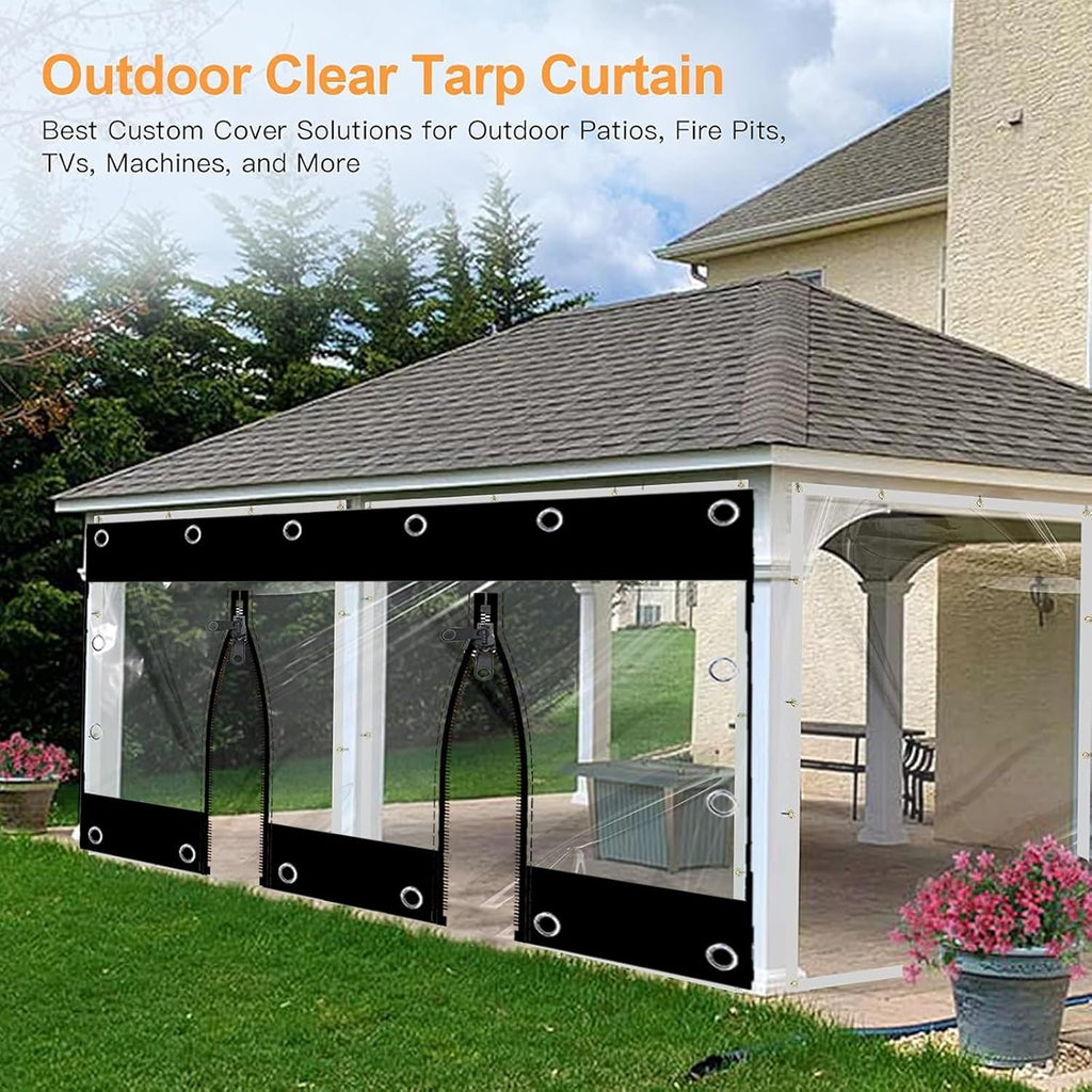 Clear Tarps with Zipper,Outdoor Vinyl Curtain ，Vinyl Patio Enclosure,Outdoor Curtains Heavy Duty Waterproof Transparent Tarp with Grommets， for Gazebo Porch Pergola(White,H2.4xW4m/H7.8xW13.1ft)