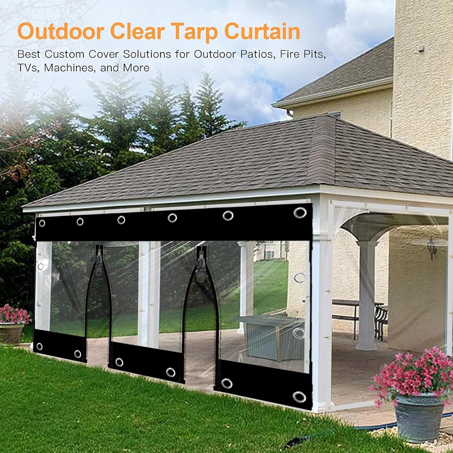 Clear Tarps with Zipper,Outdoor Vinyl Curtain ，Vinyl Patio Enclosure,Outdoor Curtains Heavy Duty Waterproof Transparent Tarp with Grommets， for Gazebo Porch Pergola(White,H2.4xW4m/H7.8xW13.1ft)