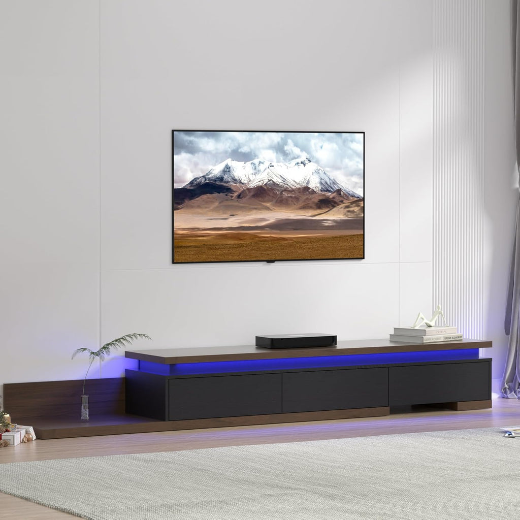 Betterhood Extendable TV Stand with LED Lights (80' - 106'), Wood Entertainment Center for Up to 120' TV, Modern Reversible TV Console with Three Drawers, Living Room, Bedroom, Black & Walnut