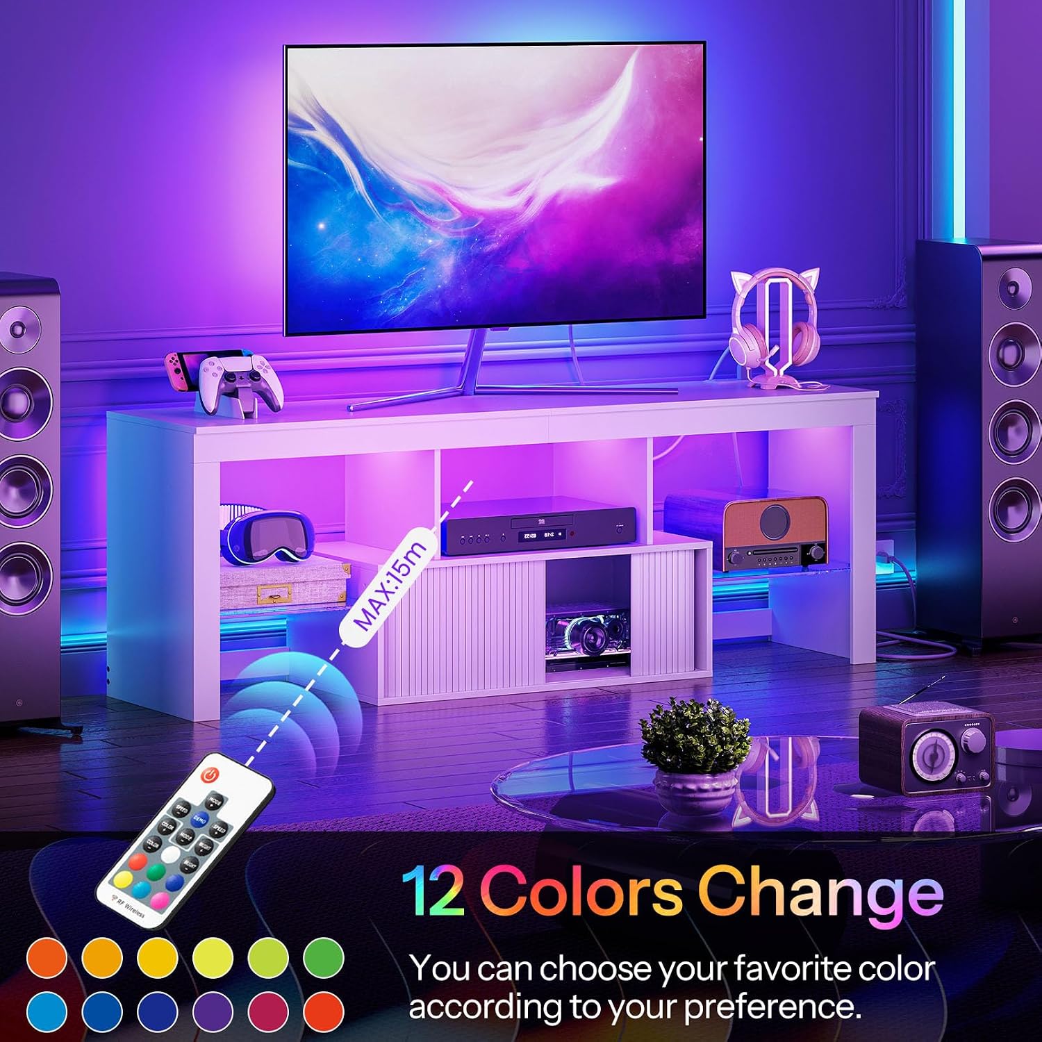 CHOEZON TV Stand with Power Outlet, Modern TV Cabinet for 55 60 inch TVs, Media TV Console with LED Light Strip, Media Entertainment Center with Storage, for Living Room, Bedroom, White MDS02UDWB