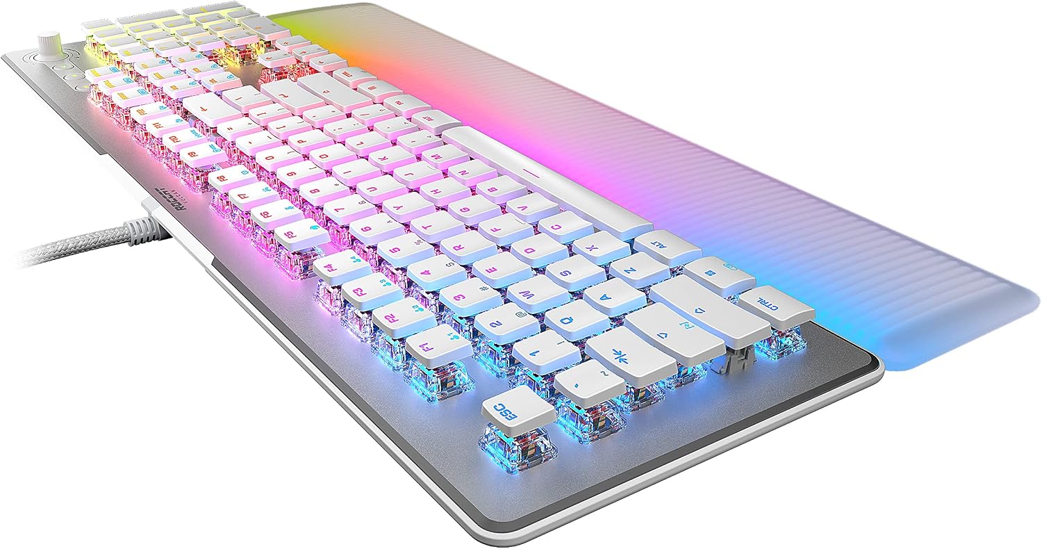 ROCCAT Vulcan II Max – Optical-Mechanical PC Gaming Keyboard with Customizable RGB Illuminated Keys and Palm Rest, Titan II Smooth Linear Switches, Aluminum Plate, 100M Keystroke Durability – White