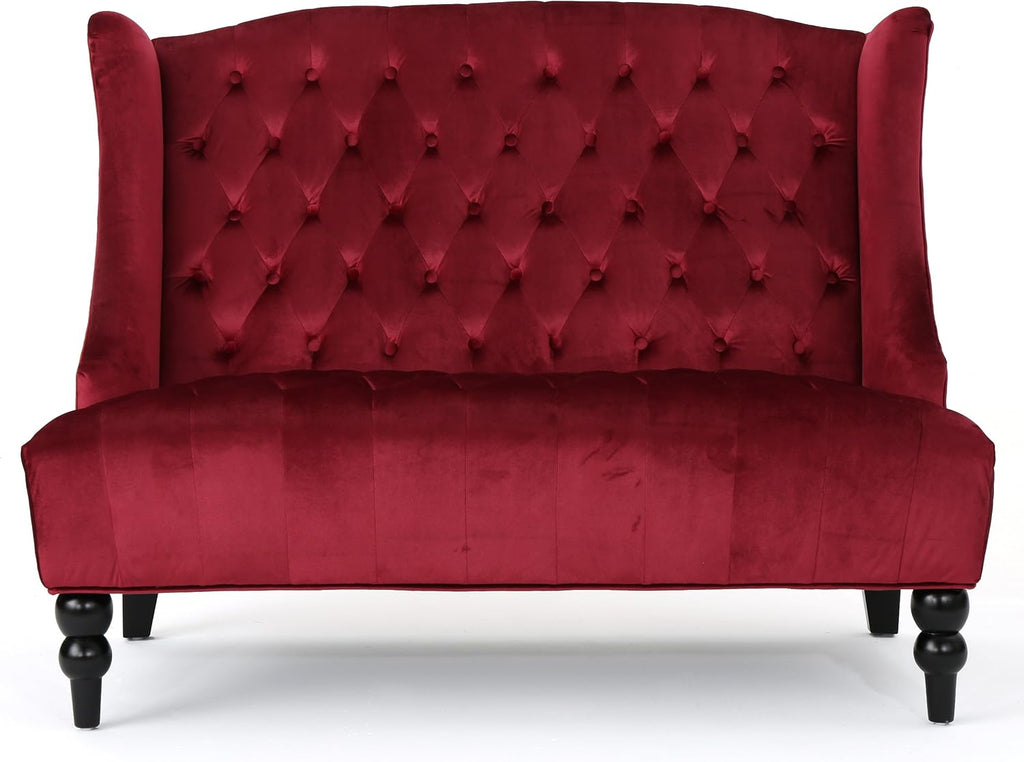 Modern Tufted Velvet Wingback Loveseat, Tufted Velvet 2 Seat Couch Sofas with High Back Thick Padded Cushioned Seats for Living Room, Victorian Style, Wine red