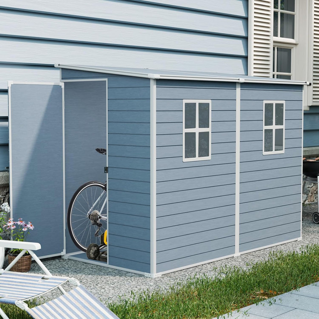 Storage Shed, 4x8ft Outdoor Storage Shed with Floor Included with 2 Windows and Lockable Door, Resin Sheds for House Garden Tools, Bike, Motorcycle, Lawn Mover, Lean to Shed, Grey
