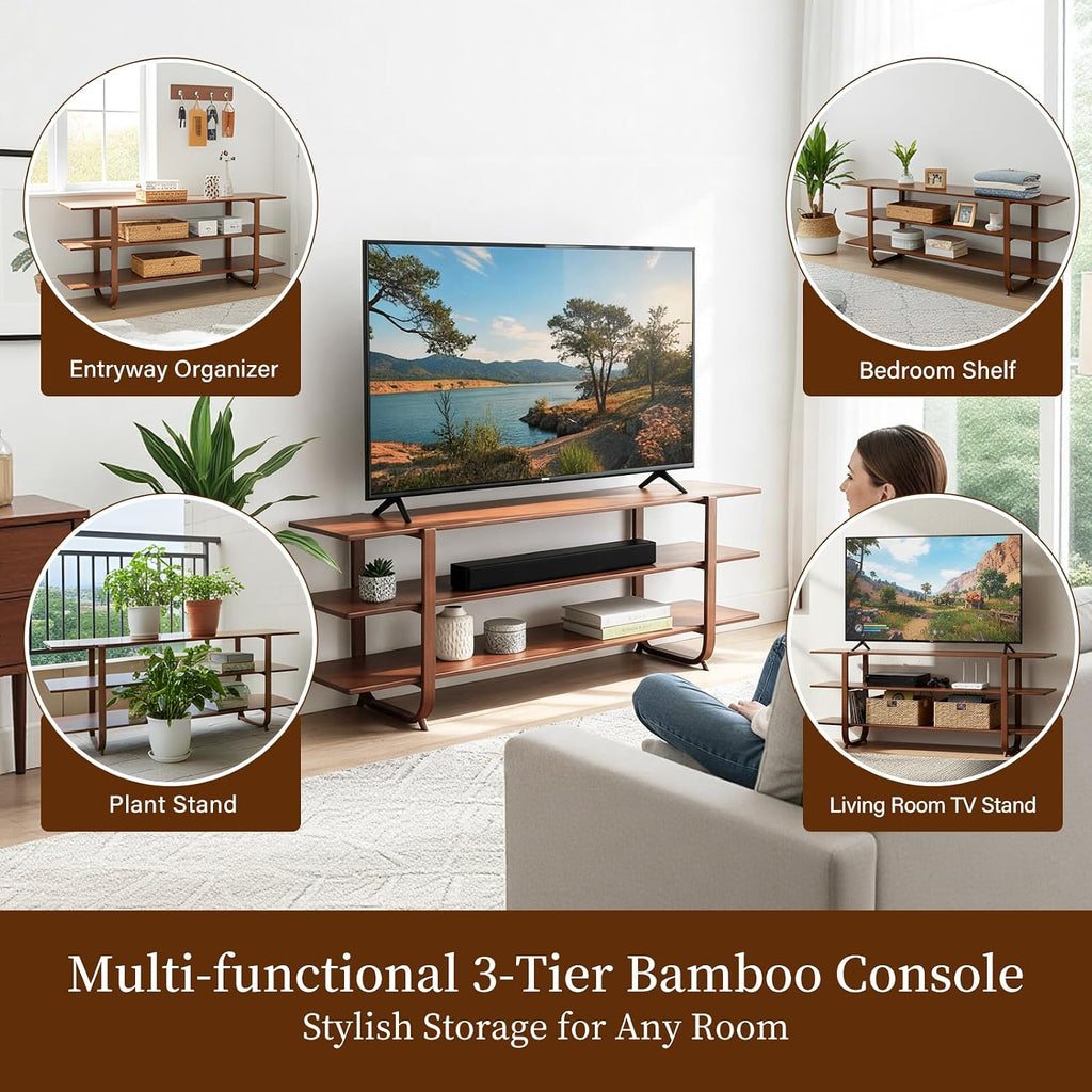 Welnow Bamboo TV Stand for Up to 65 Inch, Mid Century Modern Entertainment Center with 3-Tier Open Shelves, Storage Media Console Table for Living Room, Bedroom, Walnut