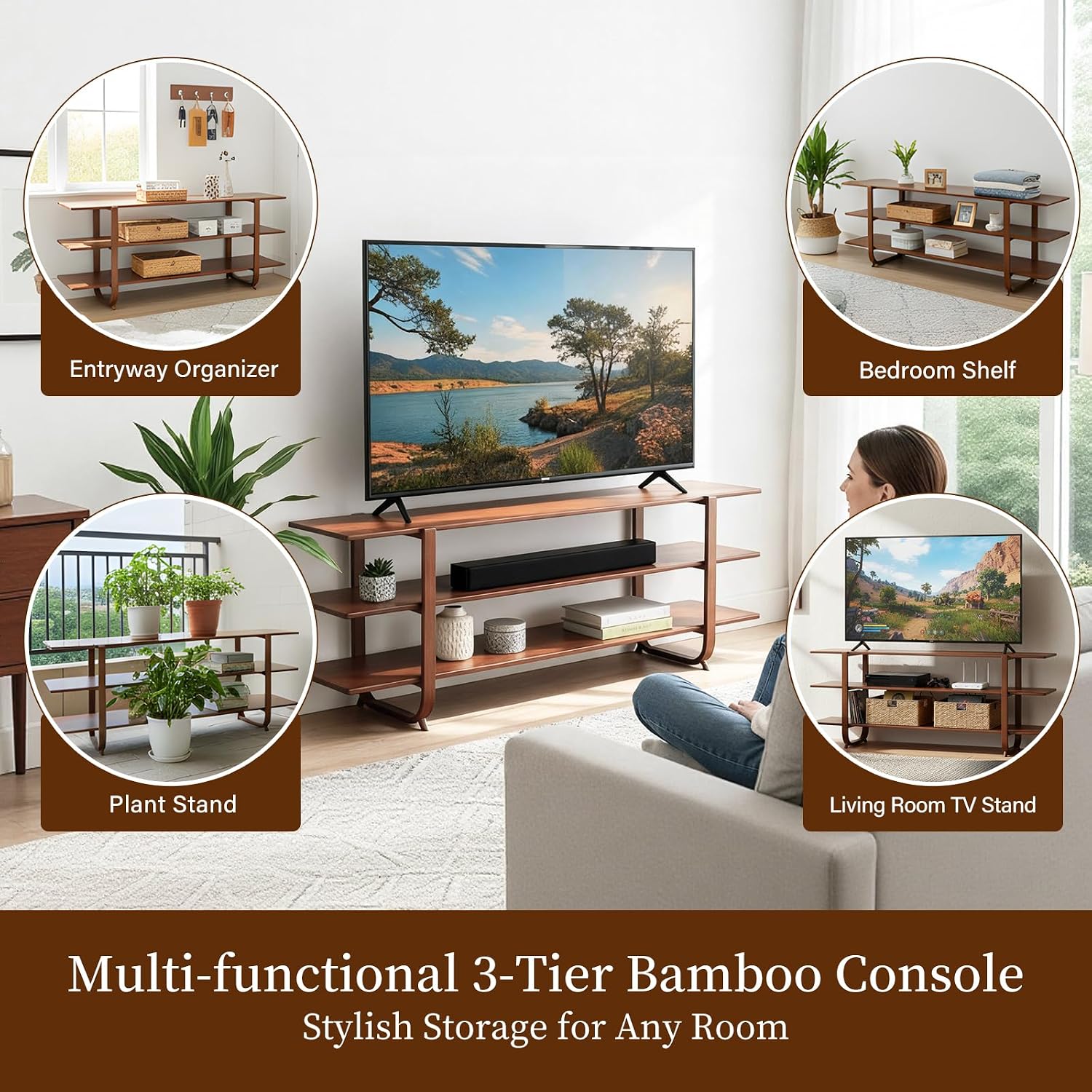 Welnow Bamboo TV Stand for Up to 65 Inch, Mid Century Modern Entertainment Center with 3-Tier Open Shelves, Storage Media Console Table for Living Room, Bedroom, Walnut