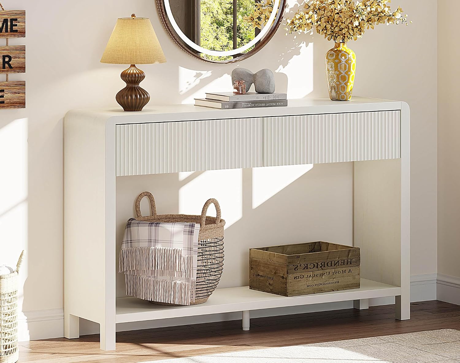FATORRI Entryway Console Table with 2 Drawers, Modern Sofa Table for Living Room, Couch Tables Behind Sofa and Hallway Tables with Storage (47.2 inch, Antique White)