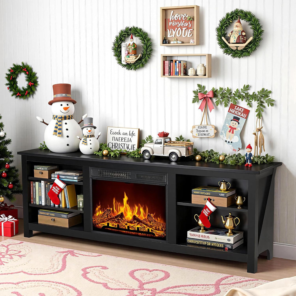 AMERLIFE Fireplace TV Stand, Wood Texture Entertainment Center with 23'' Electric Fireplace, Farmhouse Entertainment Stand Media TV Console for TVs Up to 80'', 70 inches, Black
