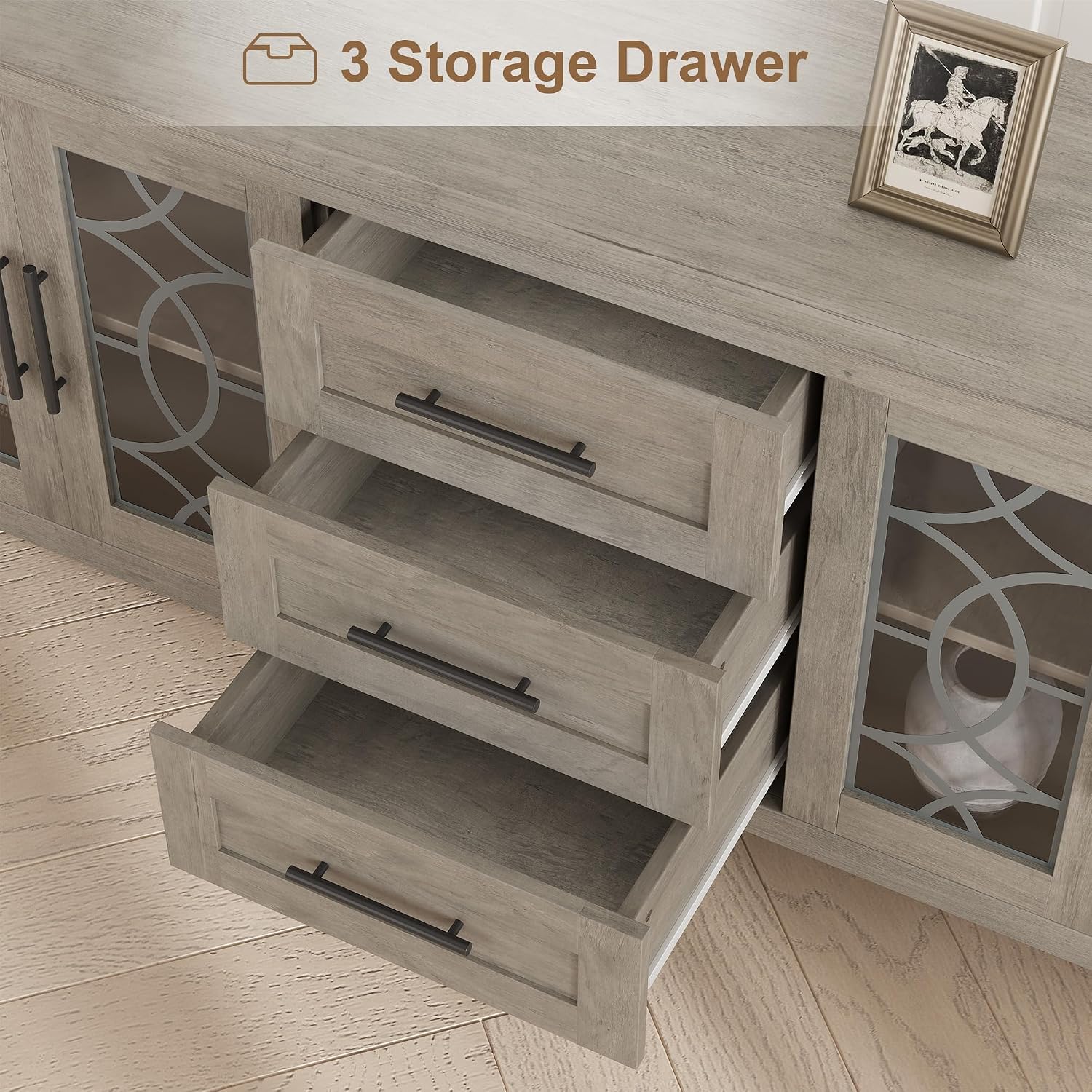 Farmhouse TV Stand for 75 Inch TV, Mid Century Entertainment Center with 3 Drawer & 2 Storage Doors, Wooden Media TV Console Table for Living Room, Bedroom-Grey