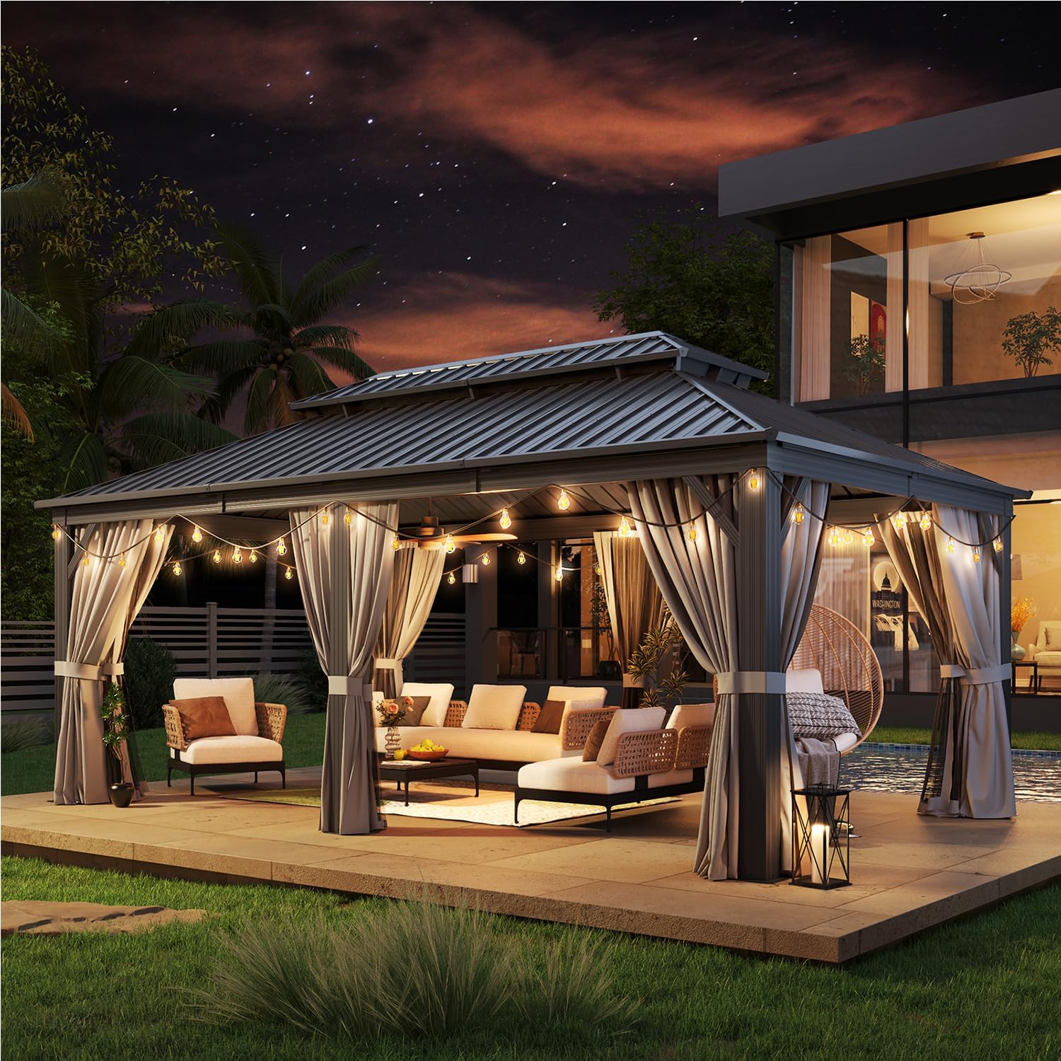 12FT X 20FT Hardtop, Galvanized Steel Dual-Layer Top, Aluminum Metal Gazebo with Netting and Curtains, Permanent Gazebo Pavilion for Party, Outdoor Dining, Wedding