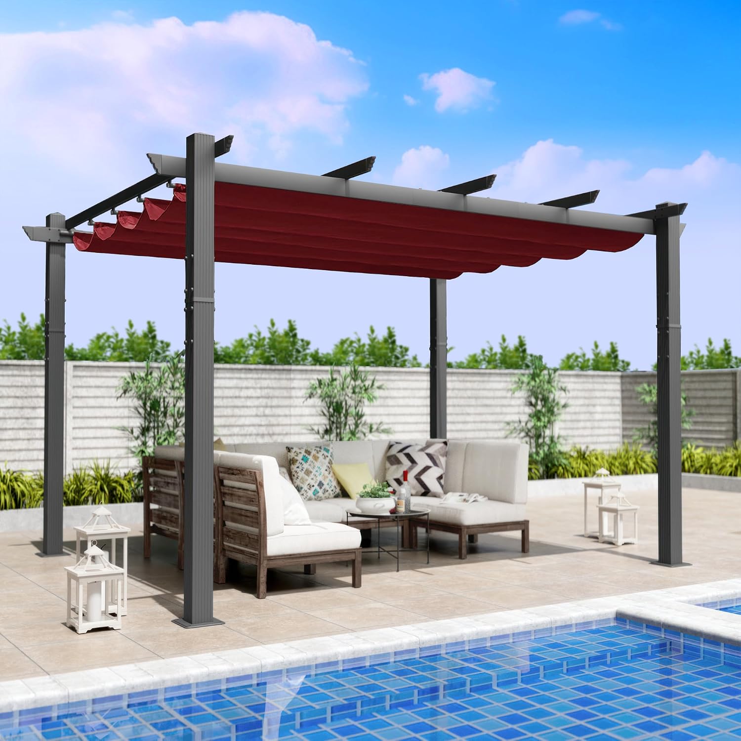 Kozyard Morgan Outdoor Retractable Pergola with Sun Shade Canopy Patio Aluminum Pergola Shelter for Backyard Deck Garden Modern Metal Grill Gazebo (10' x 12', Burgundy)