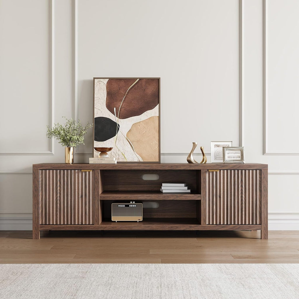 IDEALHOUSE Fluted TV Stand for 75+ Inch, Modern Entertainment Center with 2-Tier Storage & Adjustable Shelves, Media Console Cabinet with 2 Fluted Doors and Gold Handle for Living Room Bedroom, Walnut