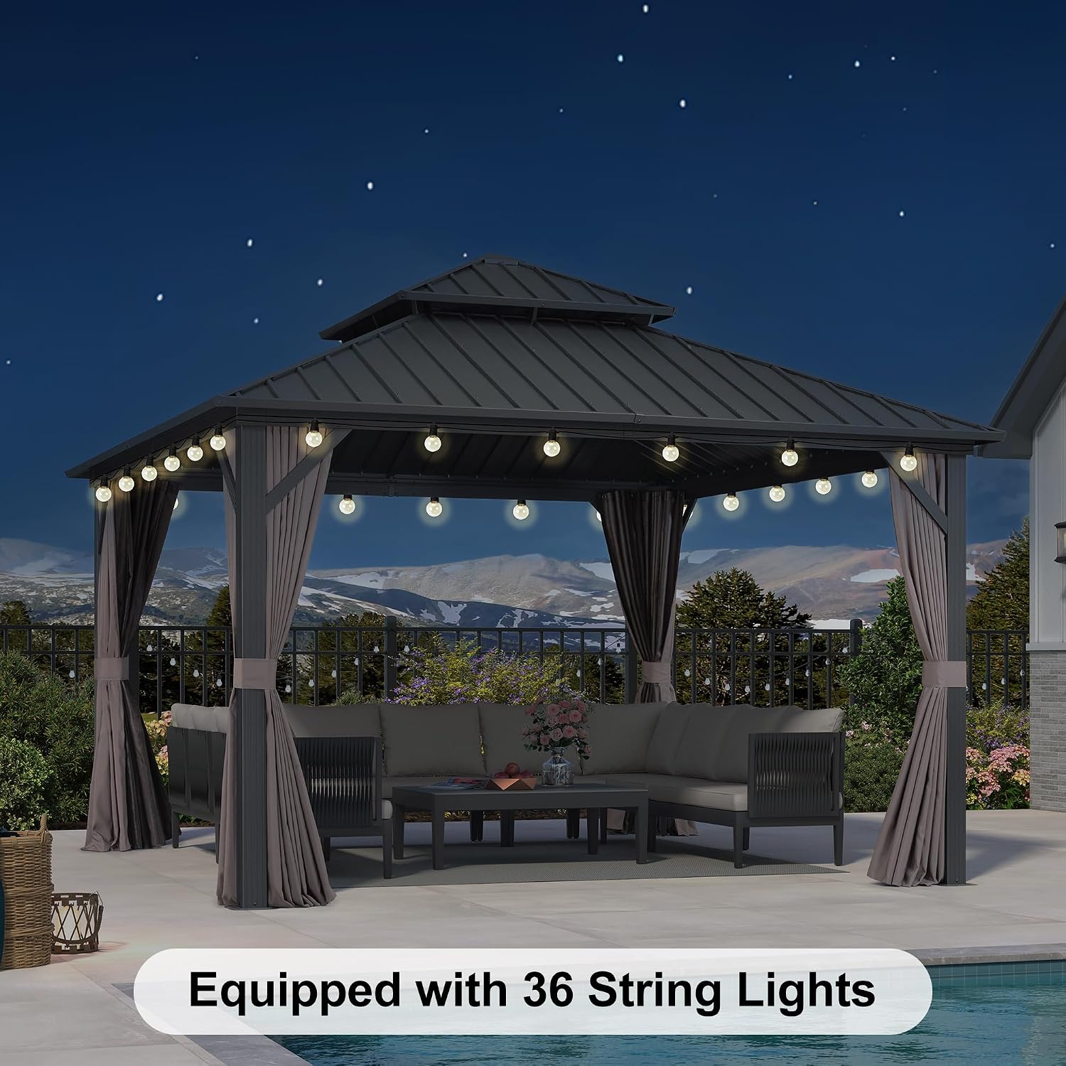 PURPLE LEAF 12'x12' Hardtop Gazebo with Lights Heavy-Duty Galvanized Steel Double Roof Outdoor Patio Gazebo Including Netting and Curtains for Garden Lawn Backyard Grey