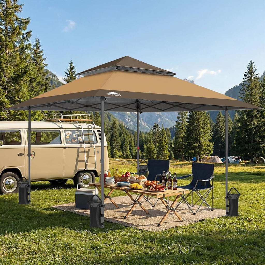 EAGLE PEAK 13x13 Straight Leg Pop Up Canopy Tent Instant Outdoor Canopy Easy Single Person Set up Folding Shelter w/Auto Extending Eaves 169 Square Feet of Shade (Sand/Brown)