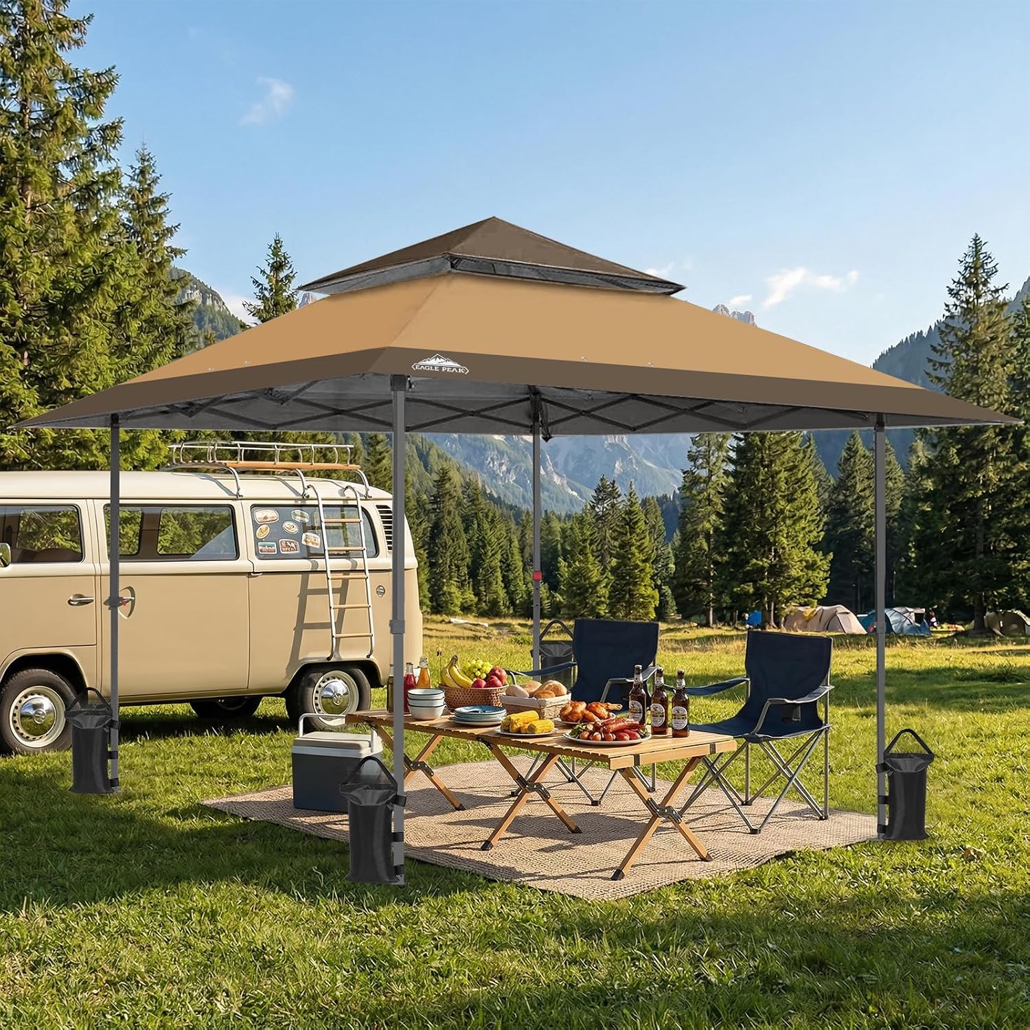 EAGLE PEAK 13x13 Straight Leg Pop Up Canopy Tent Instant Outdoor Canopy Easy Single Person Set up Folding Shelter w/Auto Extending Eaves 169 Square Feet of Shade (Sand/Brown)