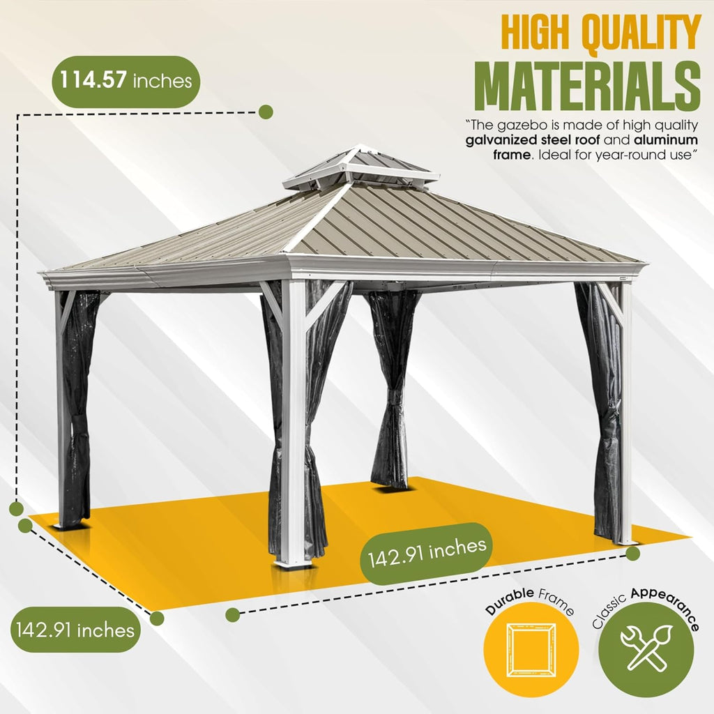 Hardtop Gazebo with Galvanized Steel Double Roof, Rustproof Aluminum Frame, Privacy Netting, and All-Weather Outdoor Shelter, Beige (12x12)