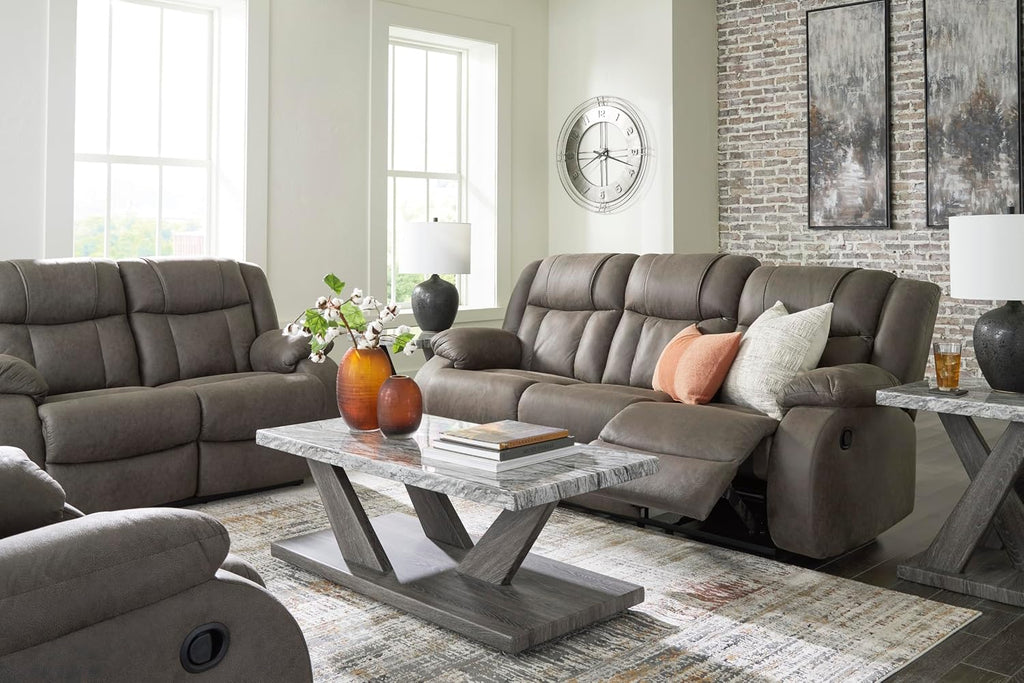 Signature Design by Ashley First Base Contemporary Faux Leather Manual Reclining Loveseat, Gray