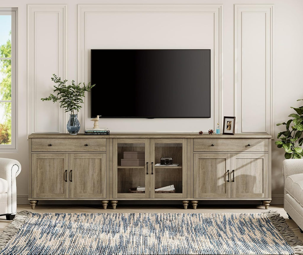 WAMPAT Farmhouse TV Stand for 100 Inch TV, 3-in-1 TV Console Table for 75/80/85/90 Inch TV, Entertainment Center with Glass & Wood Door, Kitchen Sideboard Buffet Cabinet for Dining Room, Wash Grey