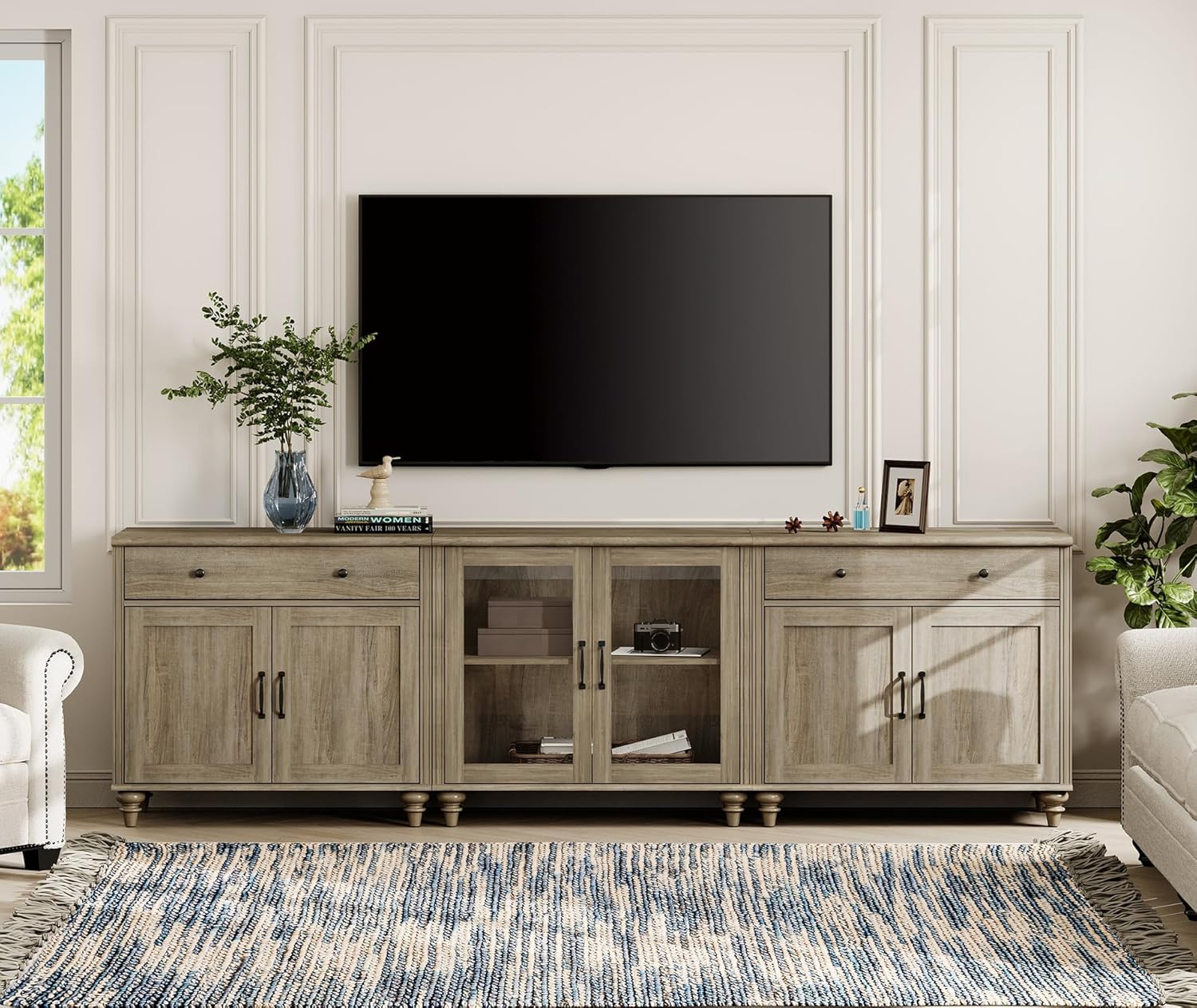 WAMPAT Farmhouse TV Stand for 100 Inch TV, 3-in-1 TV Console Table for 75/80/85/90 Inch TV, Entertainment Center with Glass & Wood Door, Kitchen Sideboard Buffet Cabinet for Dining Room, Wash Grey