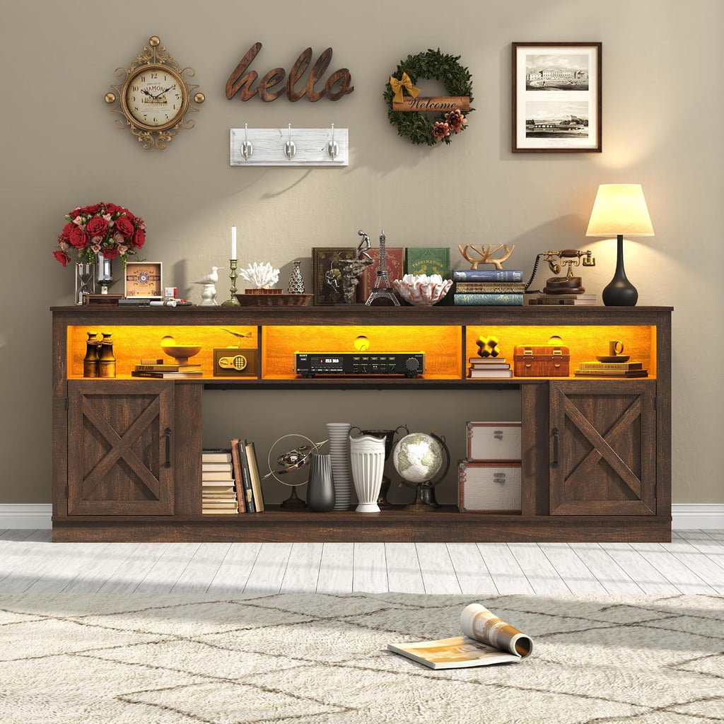 jiteentarou Farmhouse TV Stand for 85/90/95 Inch TV, 32'Tall Entertainment Center w/LED Light, Large Media Console Cabinet w/Barn Doors & Adjustable Shelves for Living Room, Brown