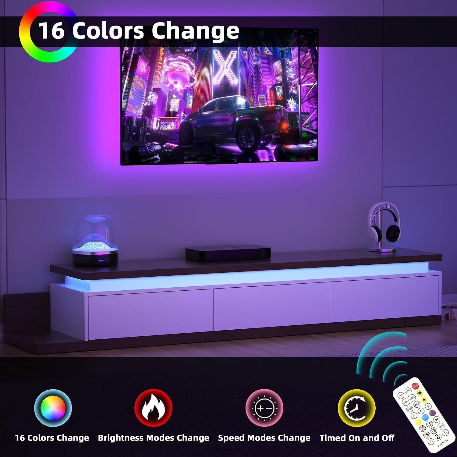 Betterhood Extendable TV Stand with LED Lights (80' - 106'), Wood Entertainment Center for Up to 120' TV, Modern Reversible TV Console with Three Drawers, Living Room, Bedroom (White)