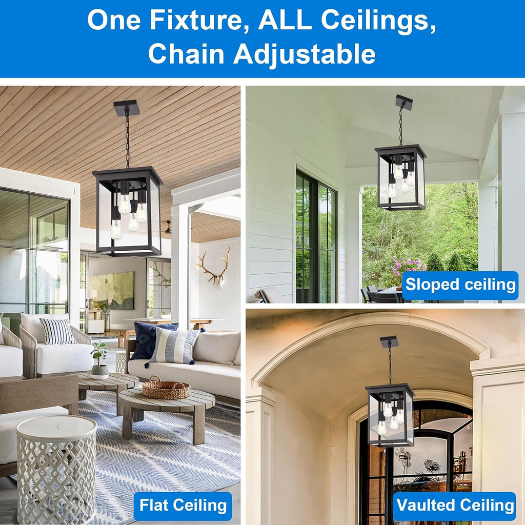 4-Light Large Outdoor Pendant Light Fixtures Oil Rubbed Bronze, Adjustable Height Outdoor Ceiling Light, Exterior Hanging Light Fixture for Patio Yard Front, E26 Base Hanging Porch Light