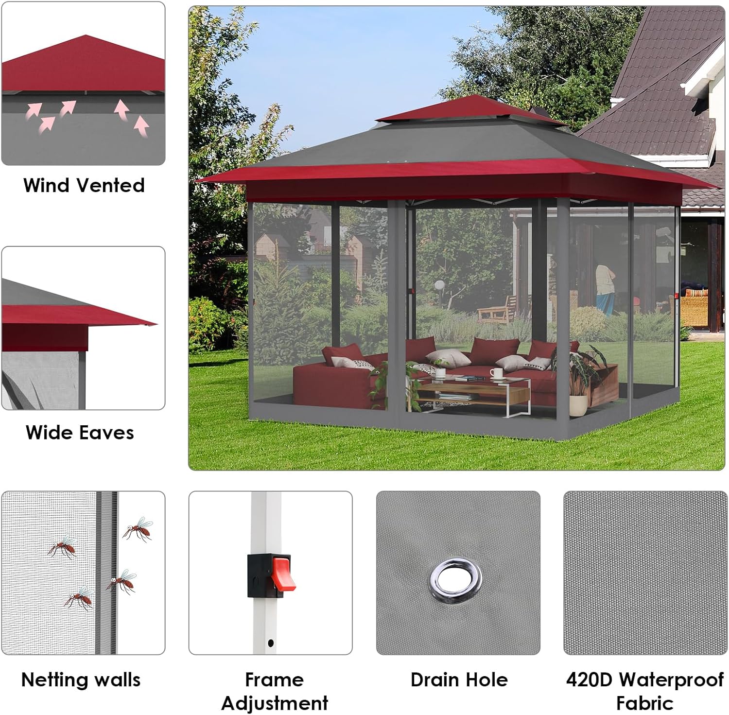 TLSUNNY 13' X 13' Pop Up Gazebo, Outdoor Canopy Tent W/4 Mesh Walls & Wheeled Bag, Screened Shelter with Netting, One-Person Set Up, Height Adjustable, for Patio, Yard, Party, Garden (Burgundy)