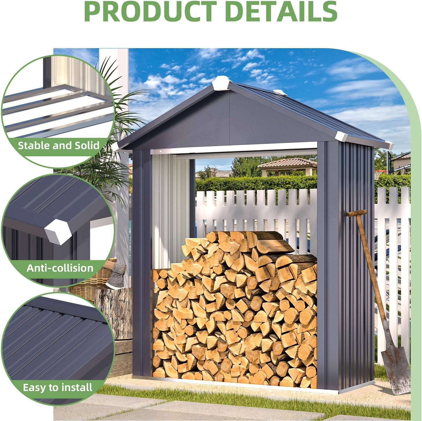 AECOJOY 5x2 Outdoor Firewood Storage Shed, Firewood Rack Outdoor Sheds & Outdoor Storage Clearance, Metal Tool Sheds Cabinet Waterproof for Backyard, Garden, Patio in Grey