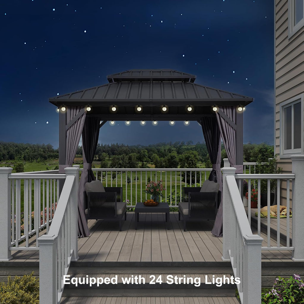 PURPLE LEAF 8'x10' Hardtop Gazebo with Lights Permanent Galvanized Steel Double Roof Outdoor Patio Pavilion Including Netting and Curtains for Garden Backyard Grey
