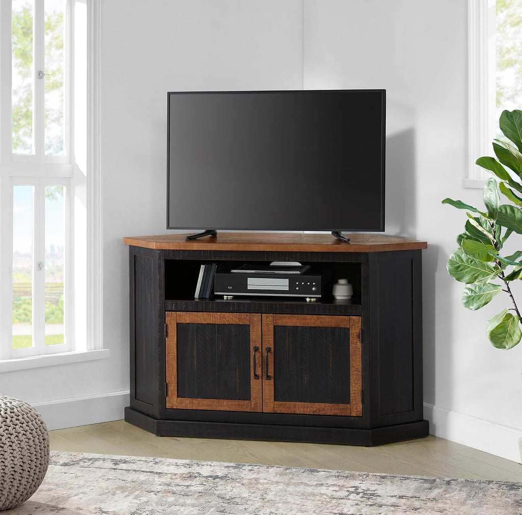 Martin Svensson Home Rustic Solid Wood Corner TV Stand - Black with Honey Top and Doors - Hexagonal Shape and Farmhouse Design Entertainment Center with Shelves Included