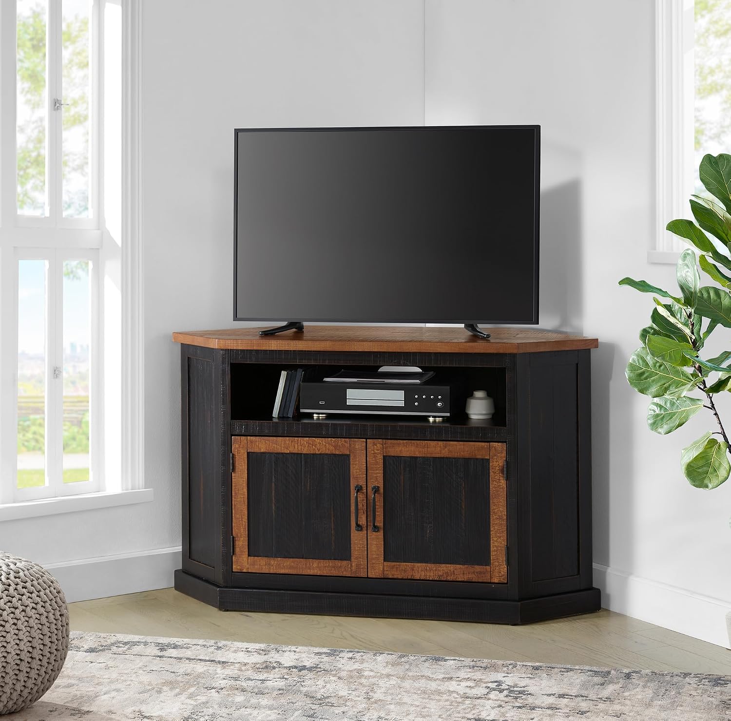 Martin Svensson Home Rustic Solid Wood Corner TV Stand - Black with Honey Top and Doors - Hexagonal Shape and Farmhouse Design Entertainment Center with Shelves Included