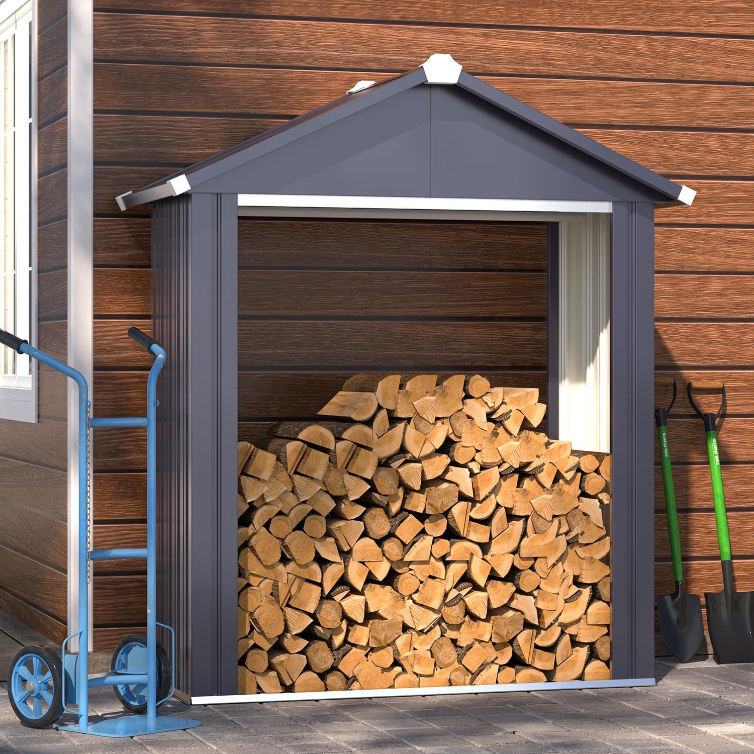 AECOJOY 5x2 Outdoor Firewood Storage Shed, Firewood Rack Outdoor Sheds & Outdoor Storage Clearance, Metal Tool Sheds Cabinet Waterproof for Backyard, Garden, Patio in Grey