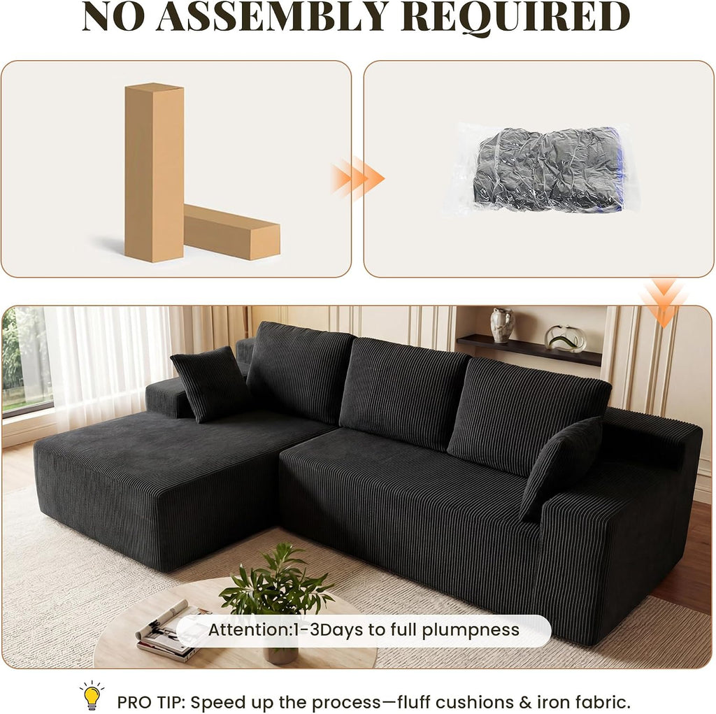 GRUSIGN Cloud Sectional Boneless Couches for Living Room, Modular L Shaped Couch with Deep Seat Oversized Left Facing Chaise, Memory Foam Compressed Spineless 3 Seater Sofa for Apartment, Black
